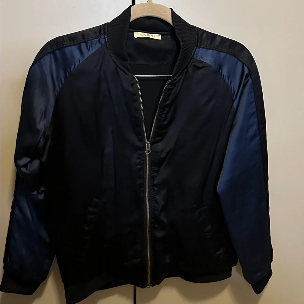 Ragdoll Black and Navy Silk Bomber Jacket Size Small